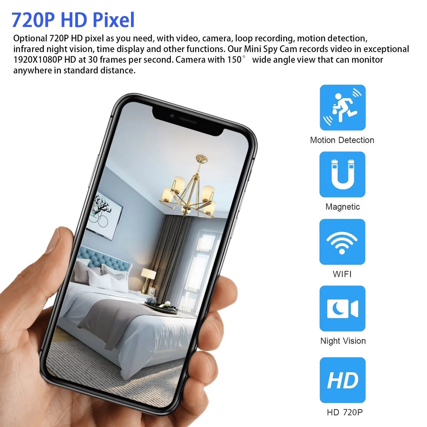 Mini Wireless Security Camera, Full HD 720P Portable Small HD Nanny Cam with Night Vision, Video Record and Motion Detection for Home Car Drone Office and Outdoor Use